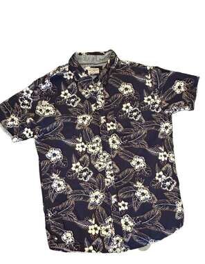 Eighth Avenue Men's Navy Blue Floral Leaf Print Button Down Shirt Size L